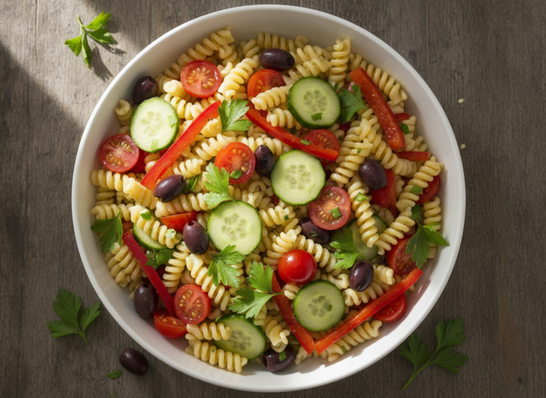 colorful vegan pasta salad with fresh vegetables and herbs in white bowl