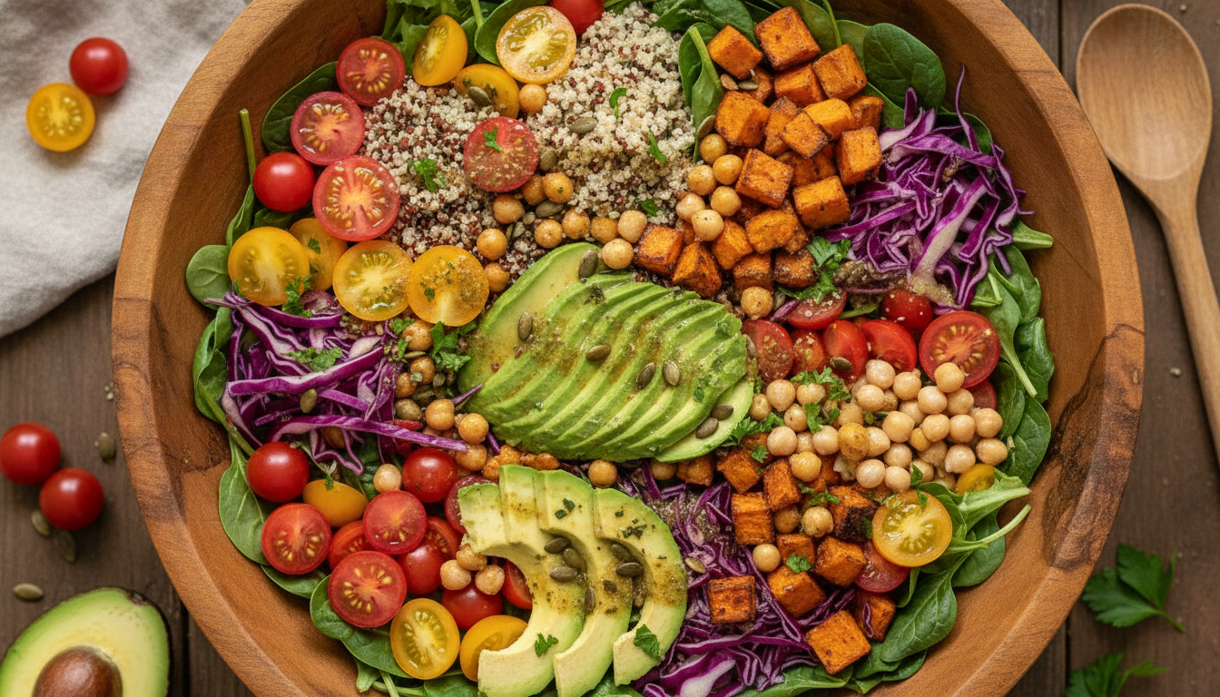 colorful vegan salad bowl with fresh vegetables and quinoa