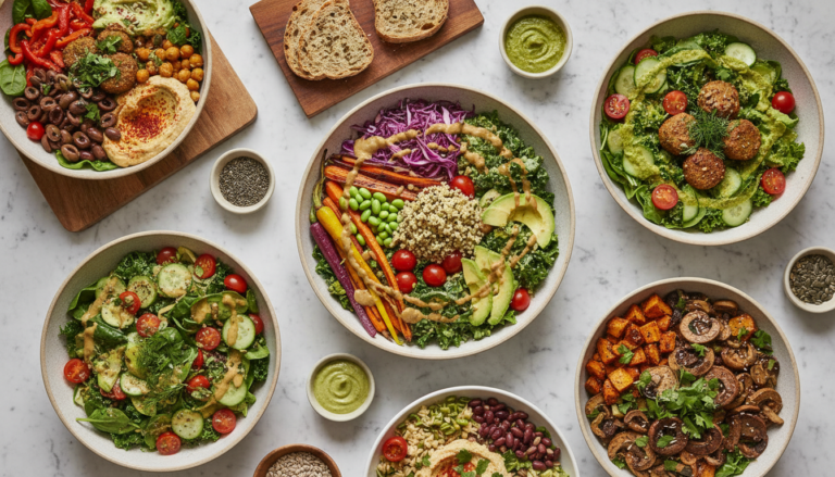 colorful vegan salad recipes with fresh vegetables and tahini dressing