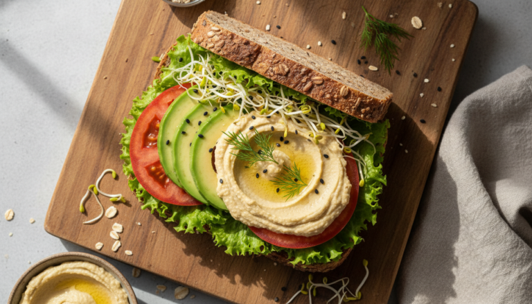 colorful vegan sandwich with fresh vegetables and spreads on artisan bread
