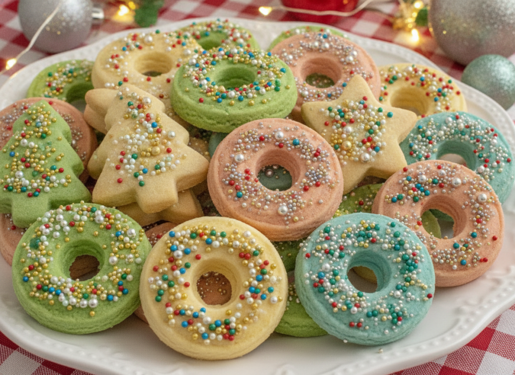 colorful vegan spritz cookies in various festive shapes decorated with sprinkles