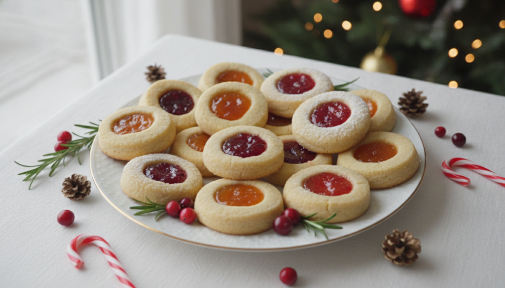 colorful vegan thumbprint cookies filled with various fruit jams on white plate