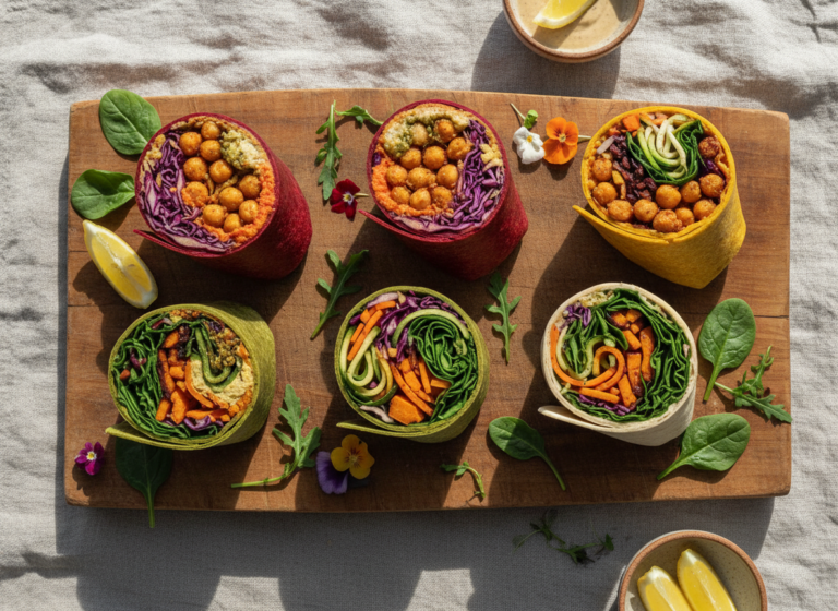colorful vegan wraps arranged on wooden board with fresh vegetables