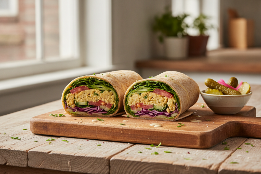 colorful vegan wraps cut in half showing chickpea salad vegetables and sauce filling