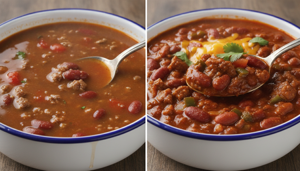 comparing thin watery chili with perfect thick consistency