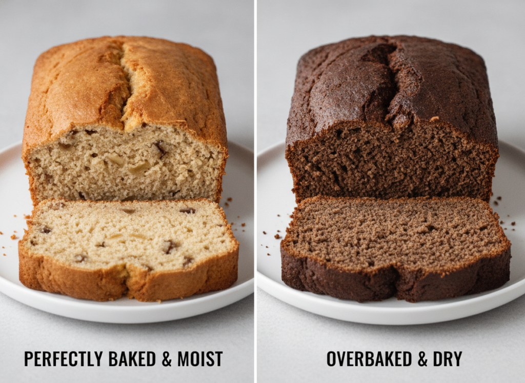 comparison between properly baked and overbaked keto banana bread