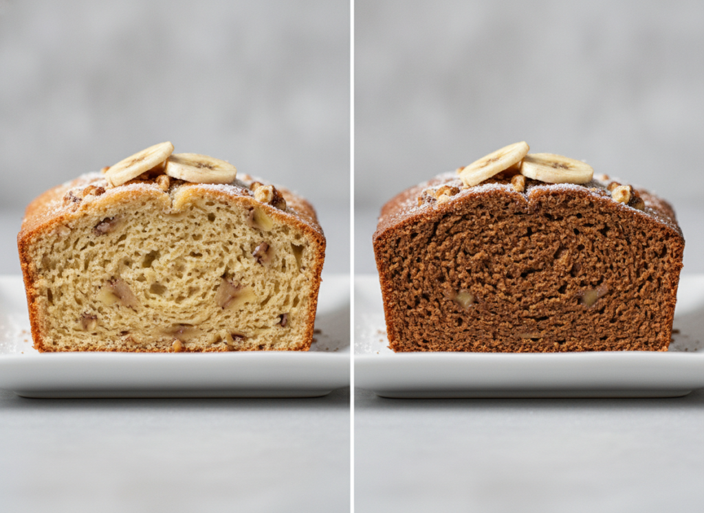 comparison of keto banana bread made with almond flour versus coconut flour