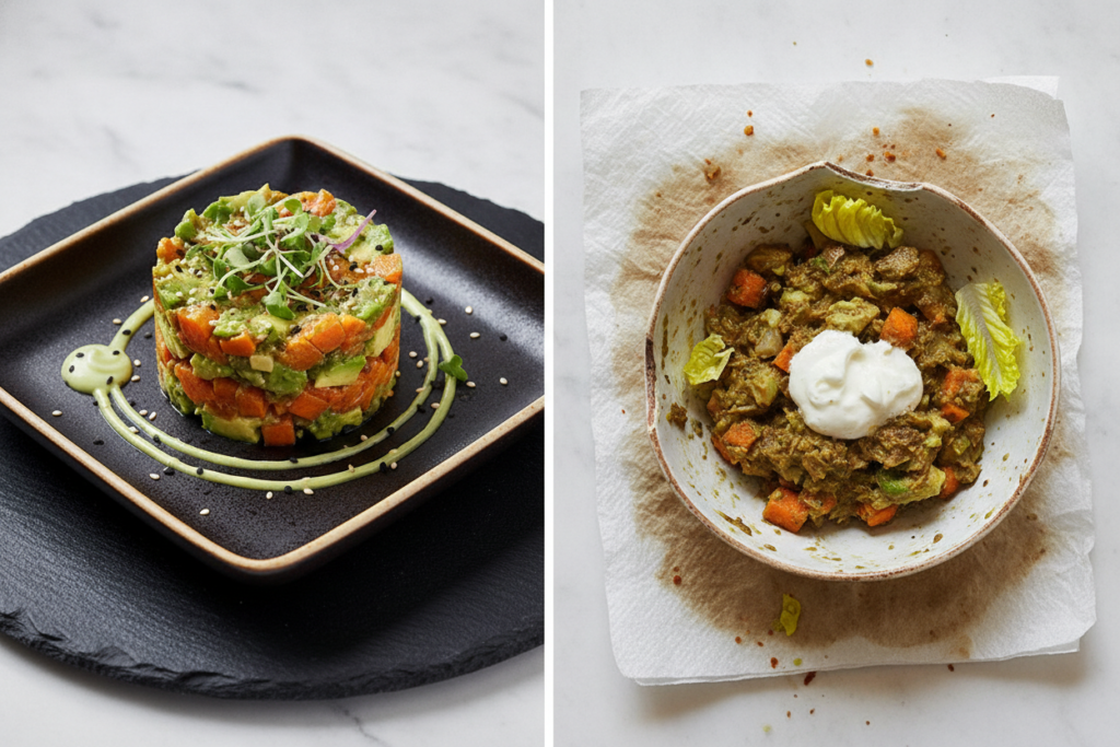 comparison of well-prepared versus poorly prepared vegan appetizer comparison of well-prepared versus poorly prepared vegan appetizer