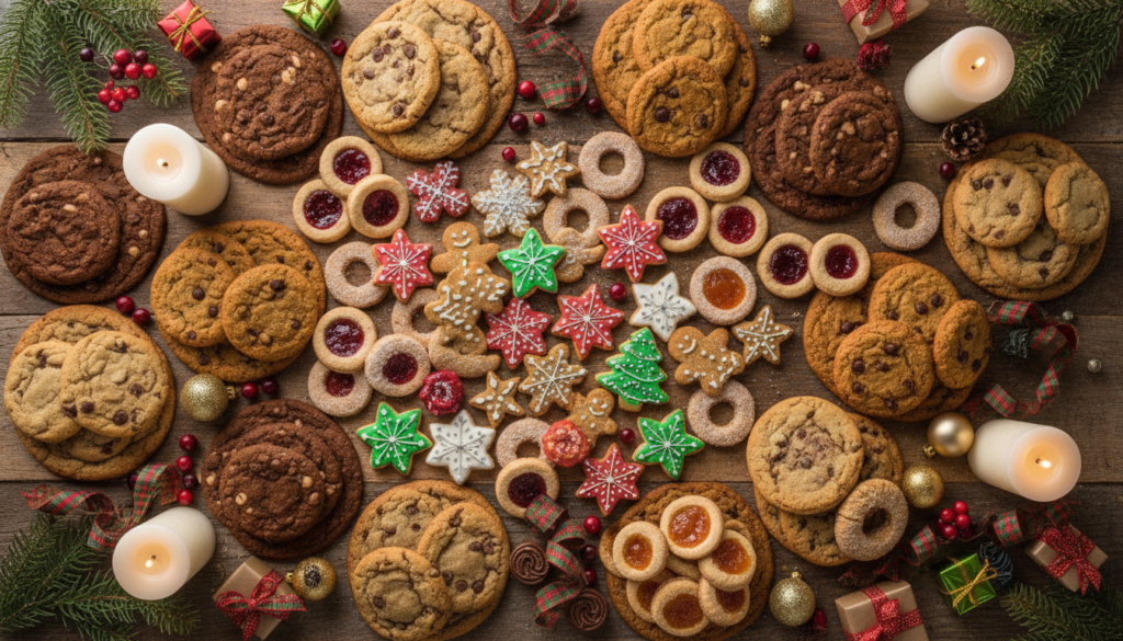complete spread of various vegan christmas cookies arranged for holiday celebration