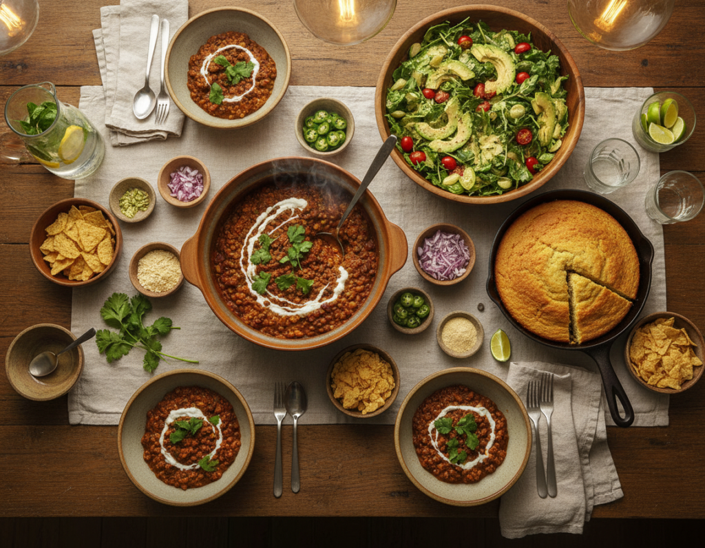 complete vegan chili dinner spread with sides on table