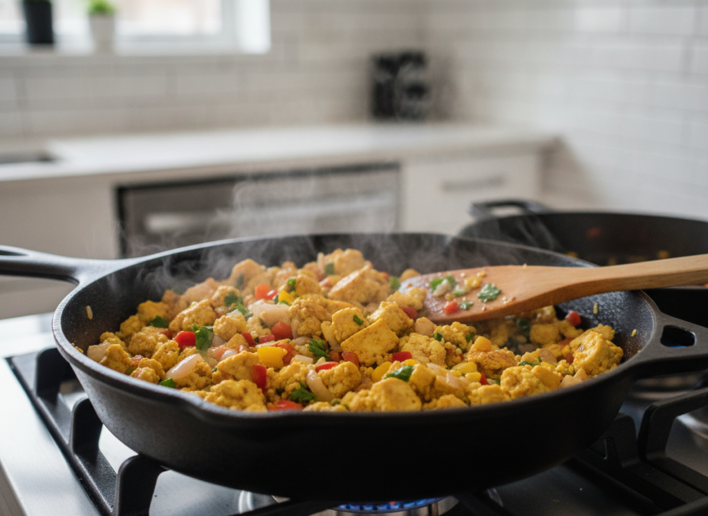 cooking tofu scramble in a cast iron skillet with vegetables