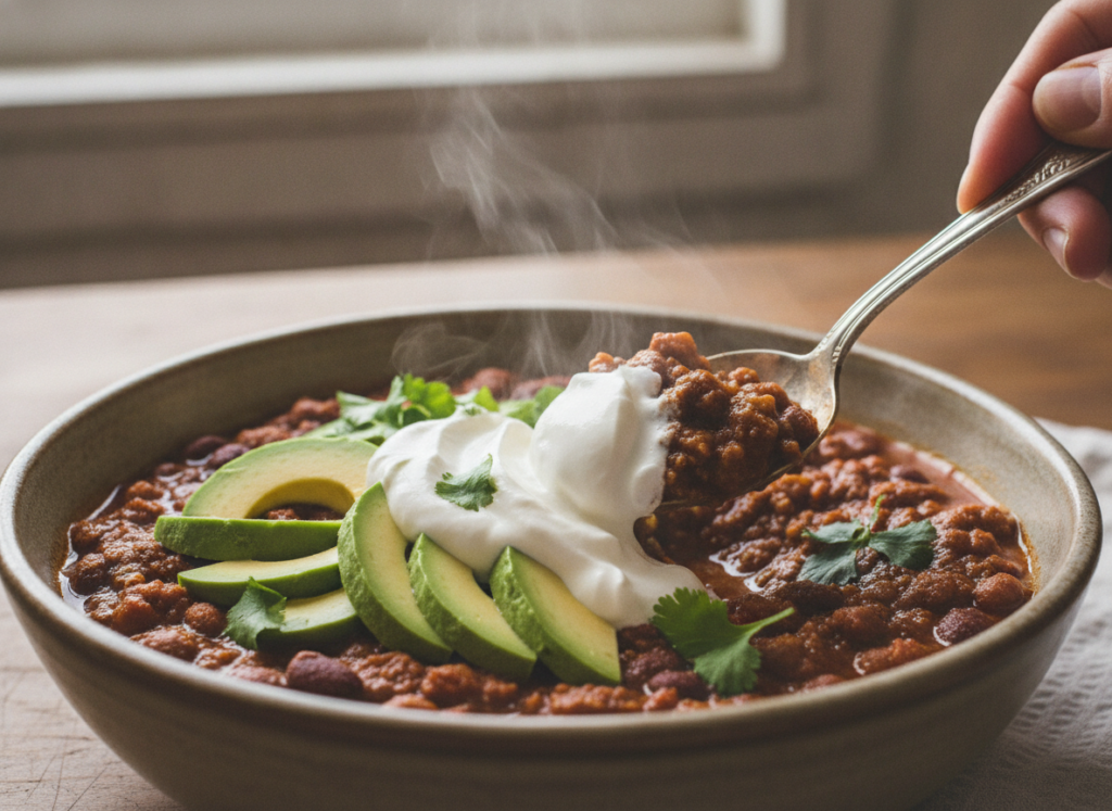 cooling vegan chili with dairy-free sour cream and avocado