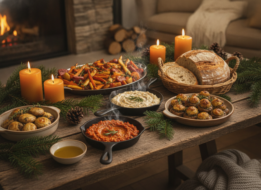 cozy winter party spread with warm vegan dishes cozy winter party spread with warm vegan dishes