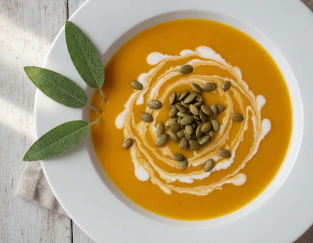 creamy butternut squash soup in white bowl garnished with pumpkin seeds