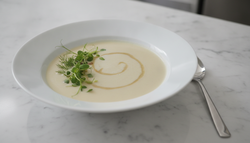 creamy cashew-based vegan soup with swirl pattern on top