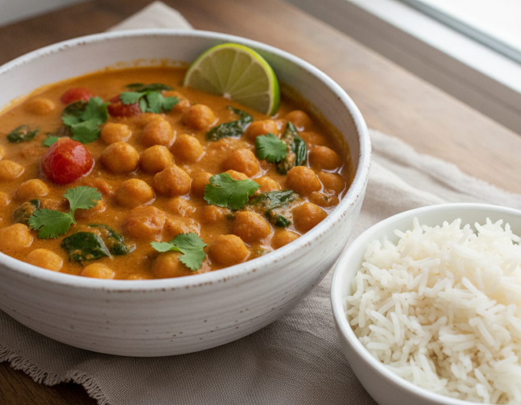 creamy chickpea curry in bowl with rice creamy chickpea curry in bowl with rice