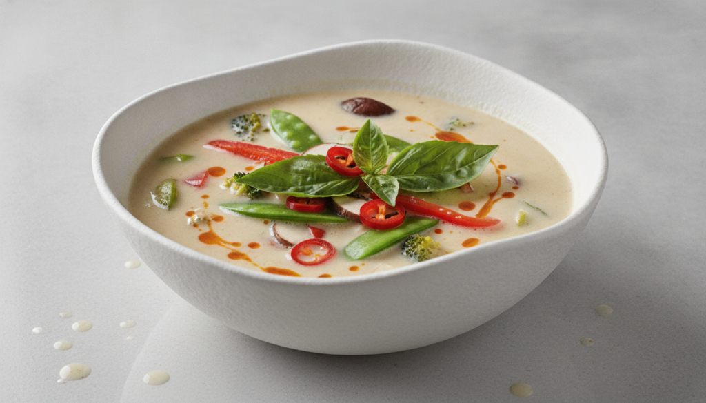 creamy coconut ginger soup with vegetables in modern bowl