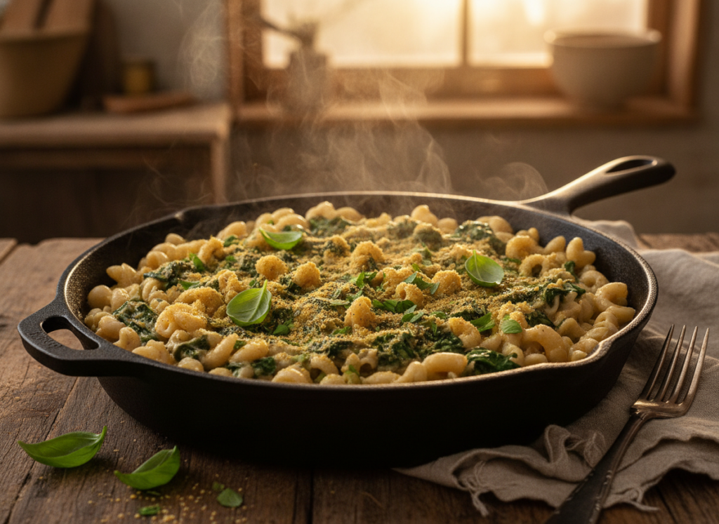 creamy pasta with white beans and spinach in a large skillet