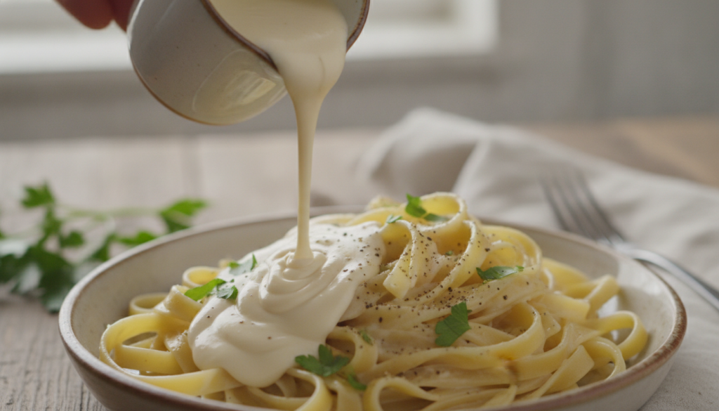 creamy vegan alfredo sauce being poured over pasta