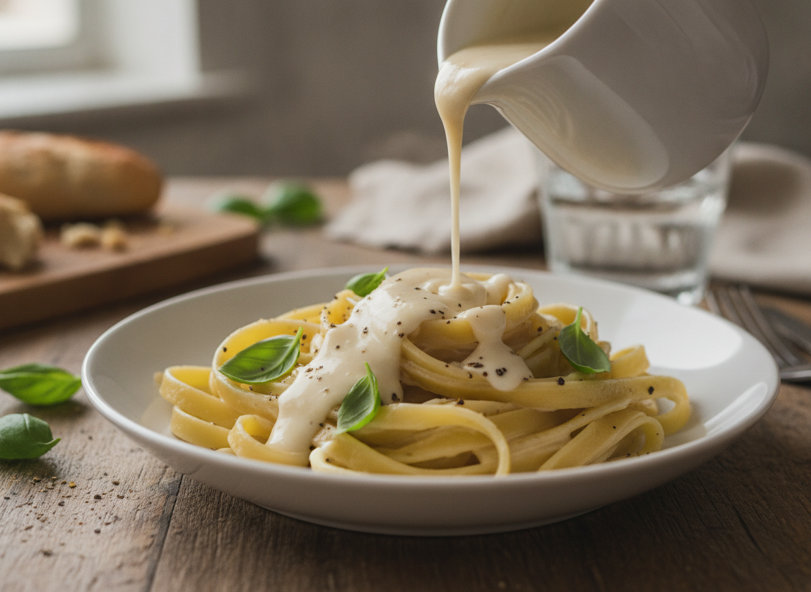 creamy vegan alfredo sauce being poured over pasta with fresh herbs