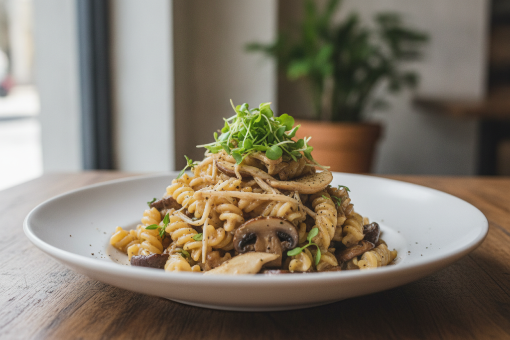 creamy vegan mushroom pasta in a white plate creamy vegan mushroom pasta in a white plate