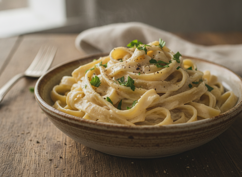 creamy vegan pasta with cashew cream sauce in a ceramic bowl creamy vegan pasta with cashew cream sauce in a ceramic bowl