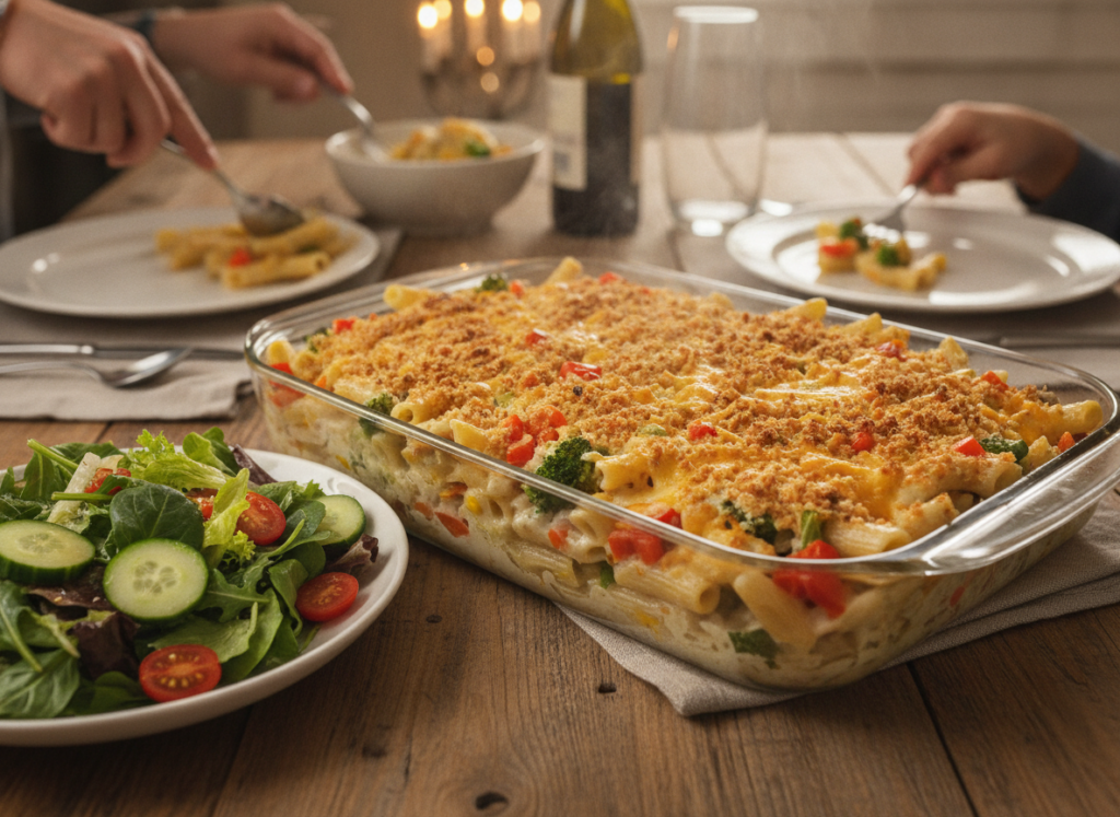 creamy vegetable pasta bake with golden top