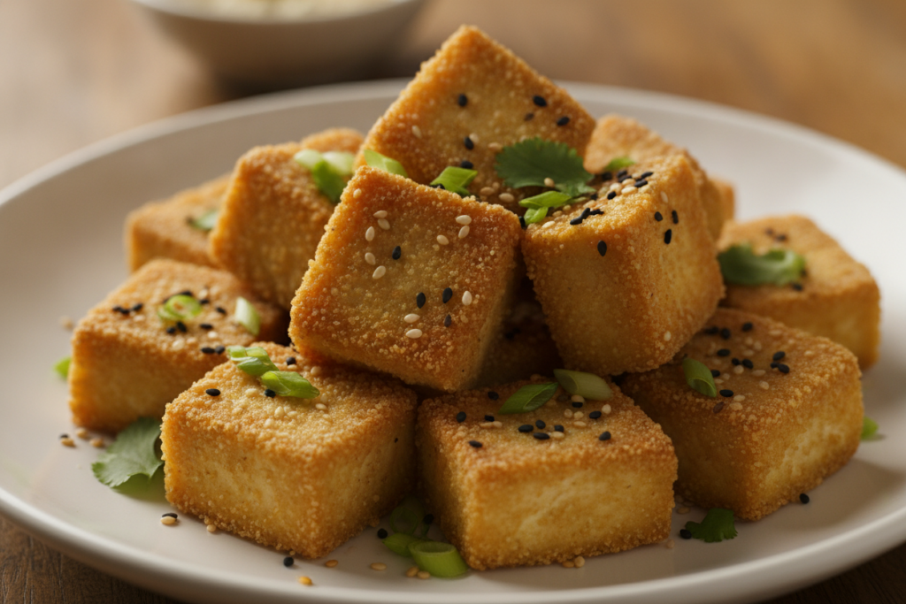 crispy baked tofu cubes with golden brown exterior on serving plate crispy baked tofu cubes with golden brown exterior on serving plate