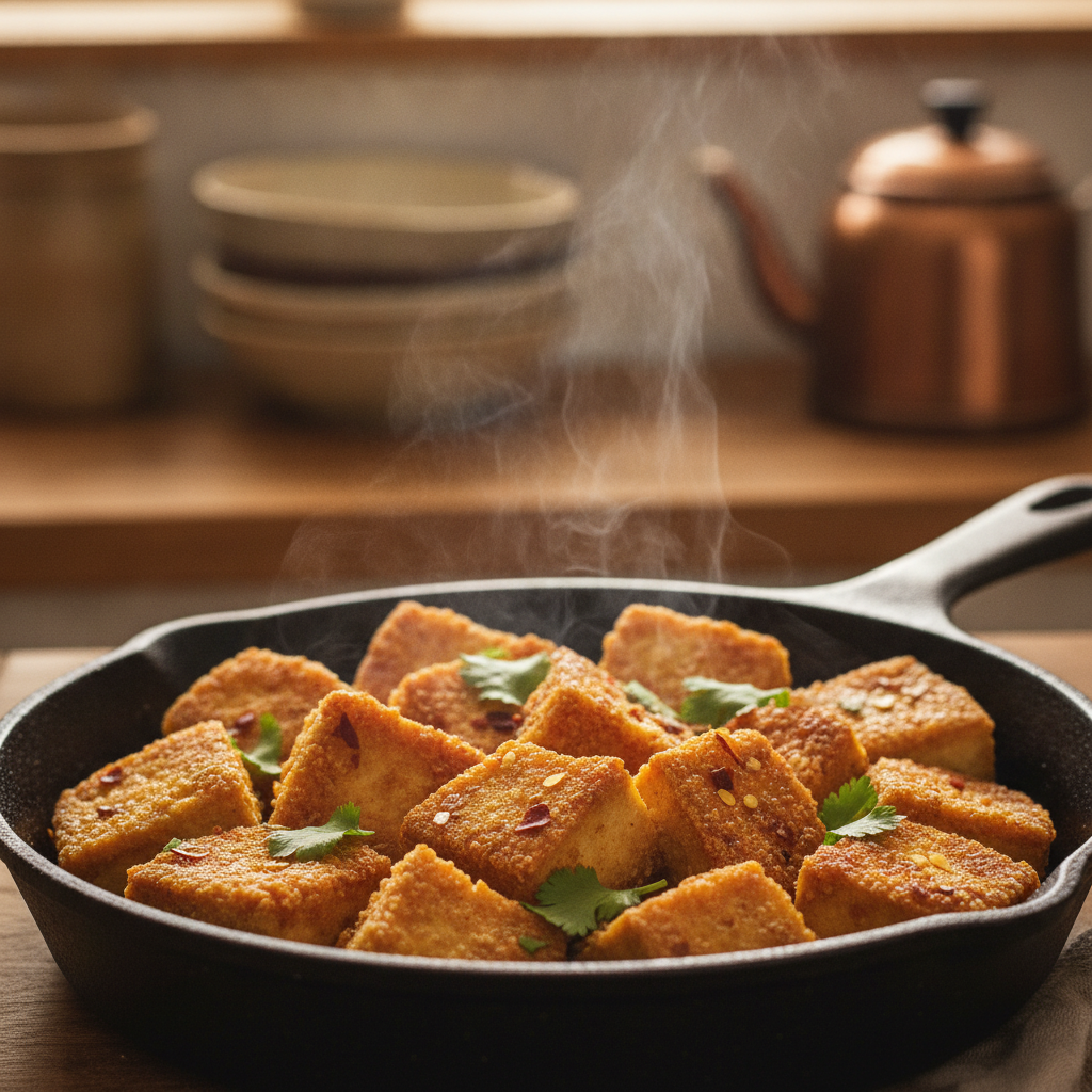 crispy golden tofu cubes in a pan crispy golden tofu cubes in a pan