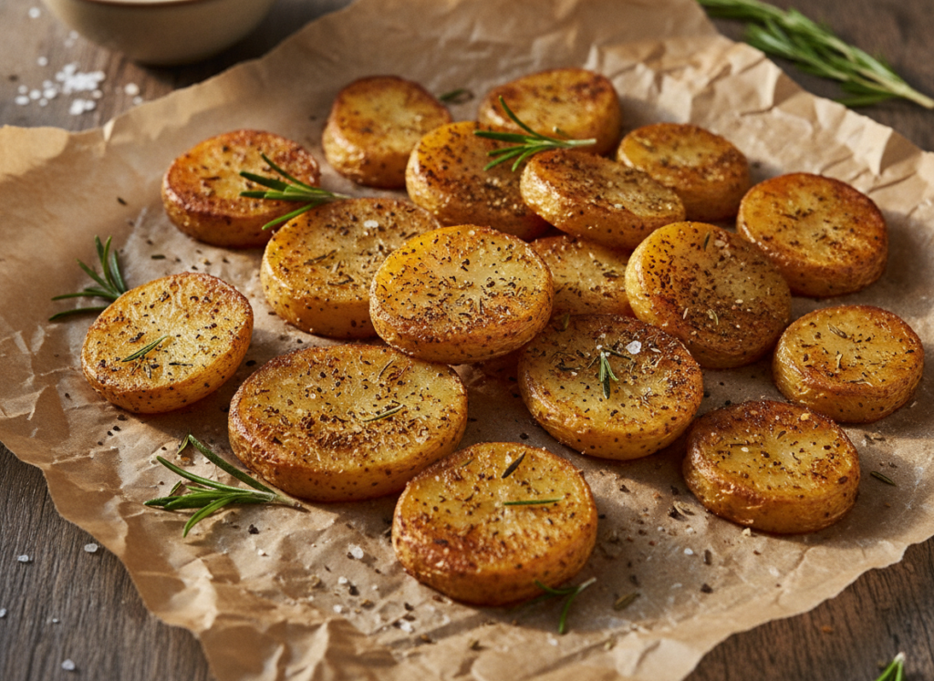 crispy seasoned potato rounds on parchment paper crispy seasoned potato rounds on parchment paper
