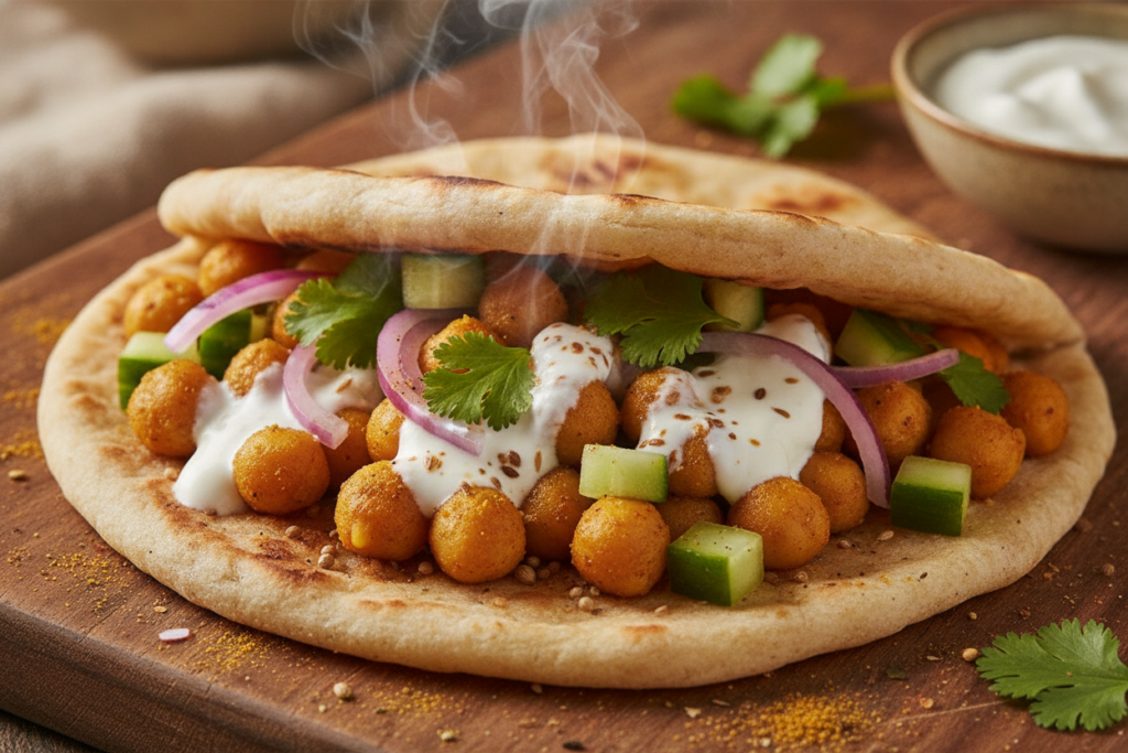 curry chickpea wrap with cucumber and yogurt sauce