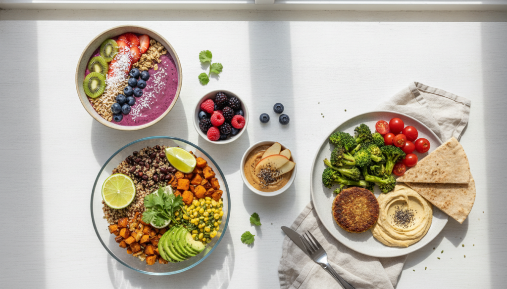 day's worth of vegan meals arranged on table from breakfast to dinner day's worth of vegan meals arranged on table from breakfast to dinner