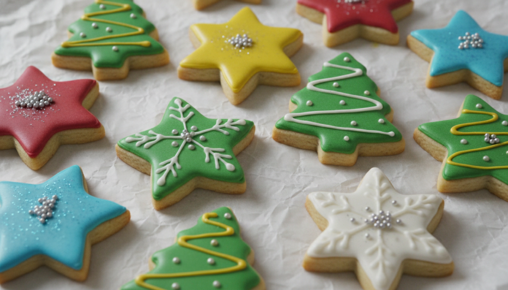 decorated vegan sugar cookies with colorful royal icing in christmas shapes