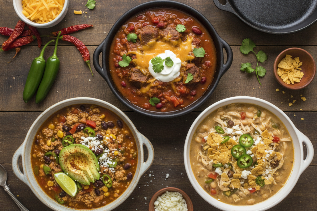 different keto chili variations in bowls