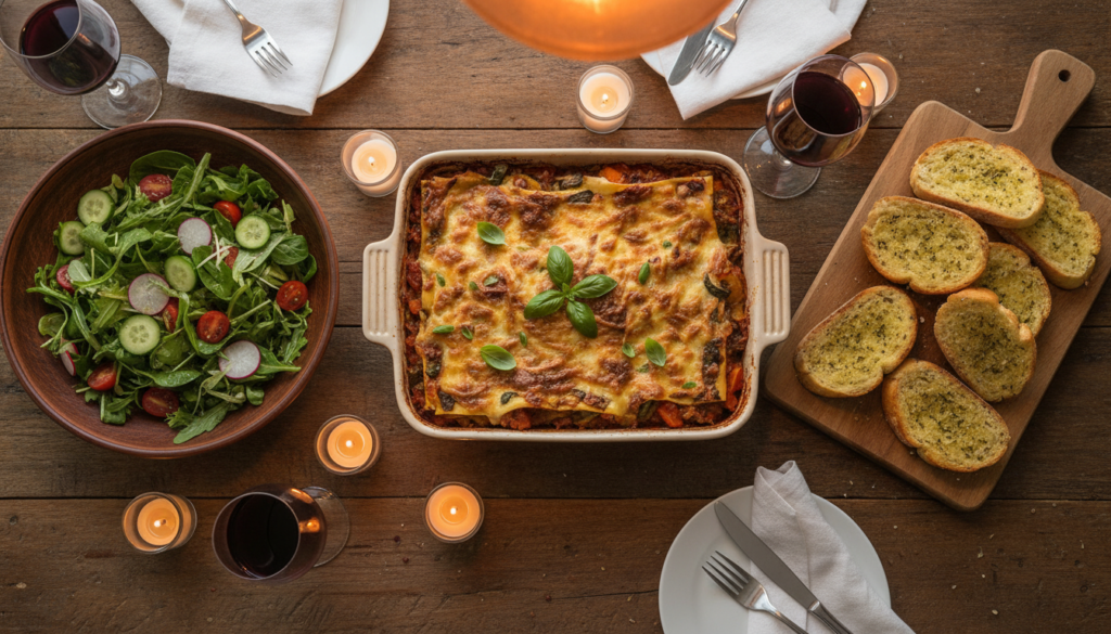 dinner table with vegan lasagna and complementary side dishes dinner table with vegan lasagna and complementary side dishes