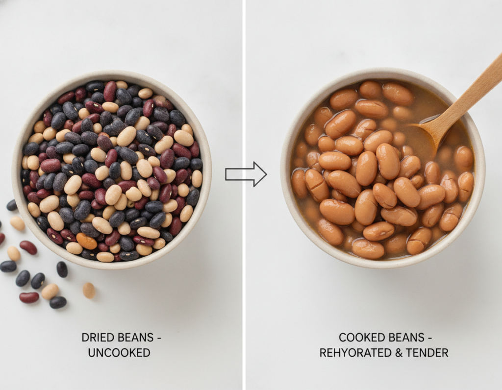 dried beans soaking in bowl next to cooked beans comparison