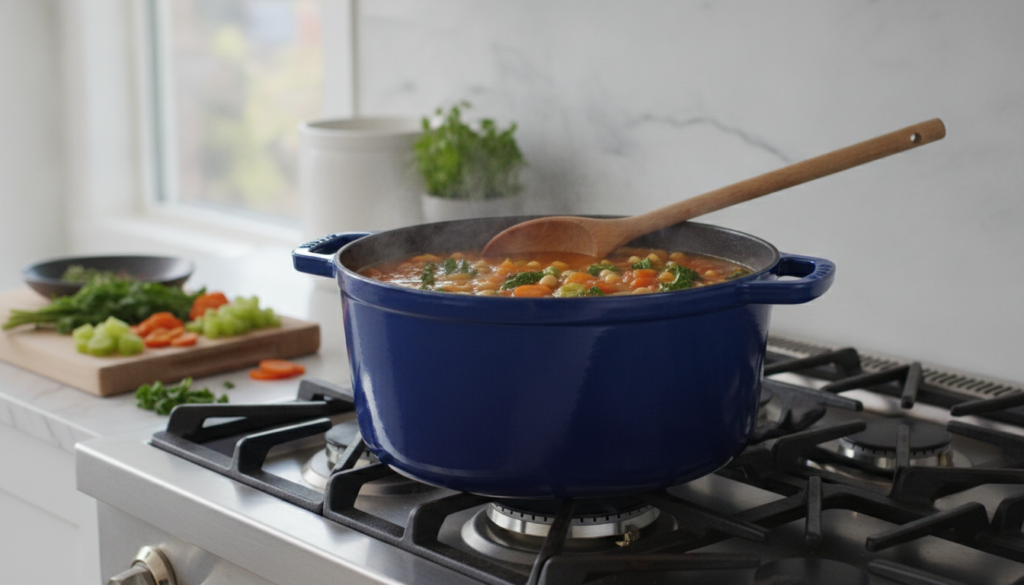 dutch oven pot with vegan soup cooking on stove