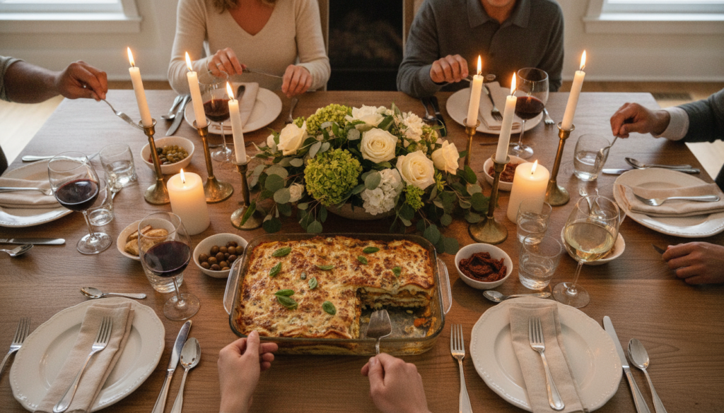 elegant dinner party table featuring vegan lasagna elegant dinner party table featuring vegan lasagna