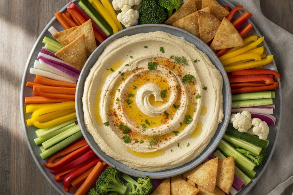elegant platter of hummus with vegetable crudites and pita chips elegant platter of hummus with vegetable crudites and pita chips