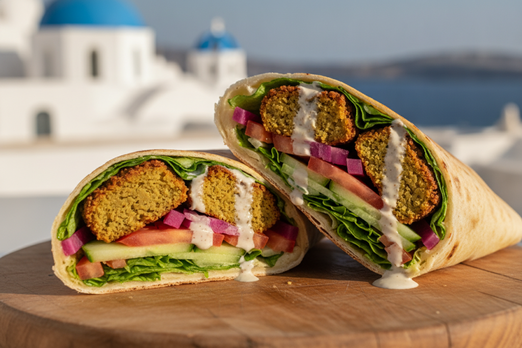 falafel wrap with tahini sauce and fresh vegetables