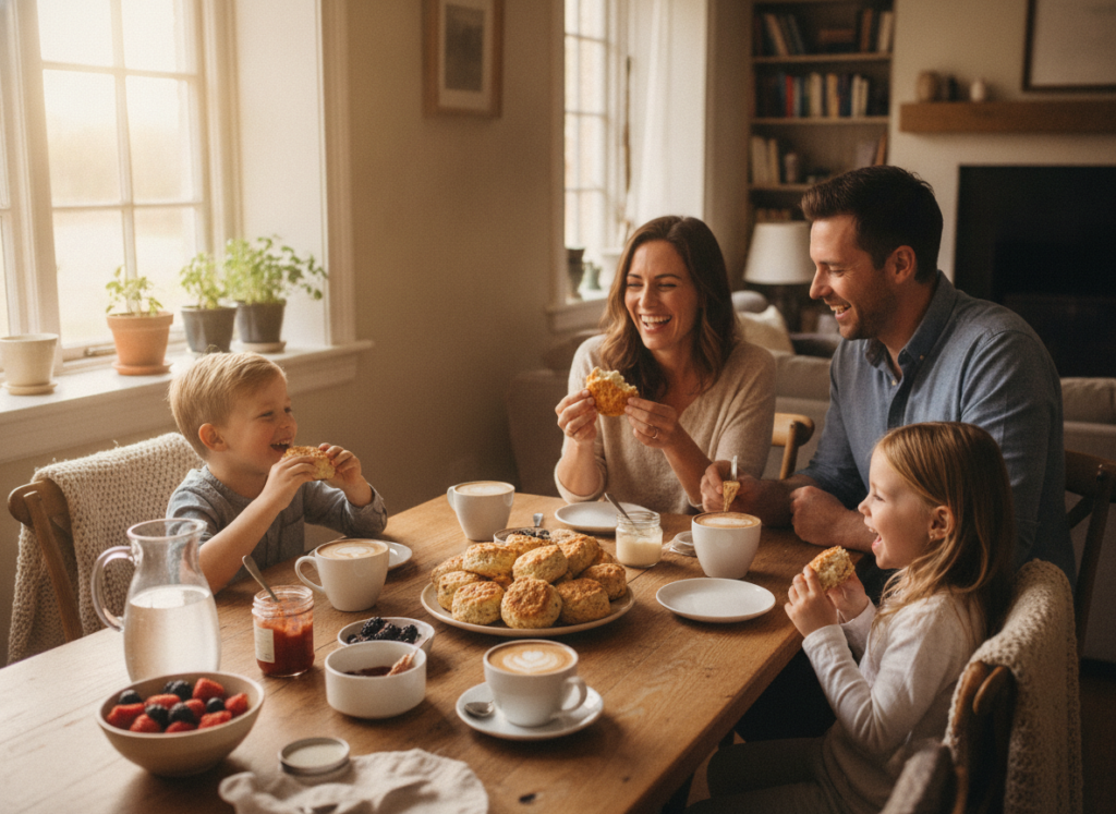 family enjoying keto biscuits at breakfast table