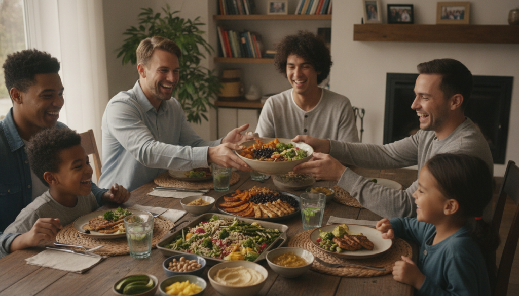 family enjoying vegan high protein meal together family enjoying vegan high protein meal together