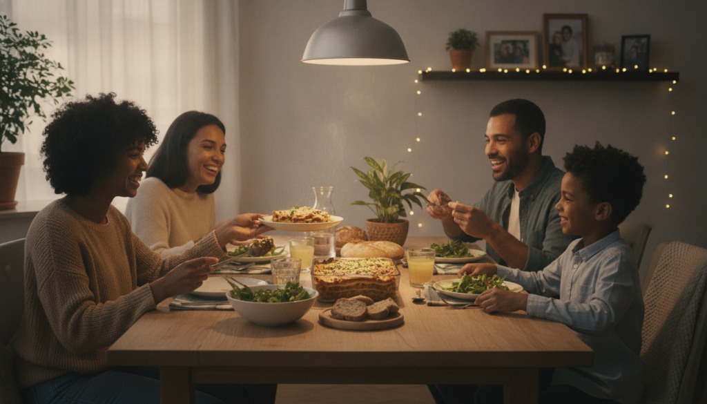family enjoying vegan lasagna dinner together family enjoying vegan lasagna dinner together