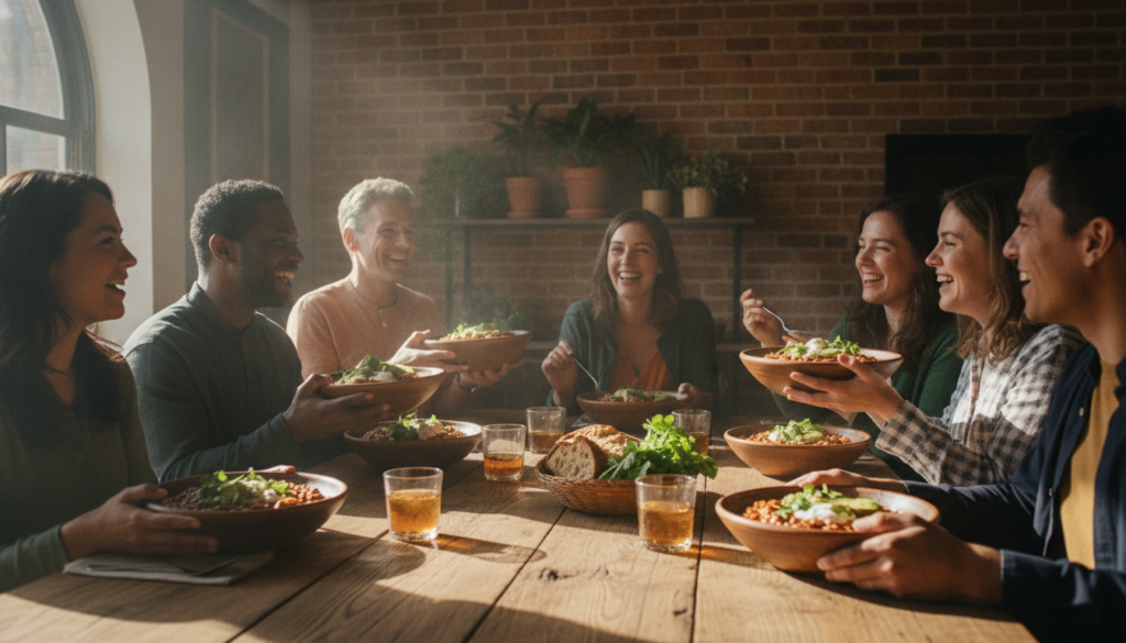 family gathering around table enjoying bowls of vegan chili