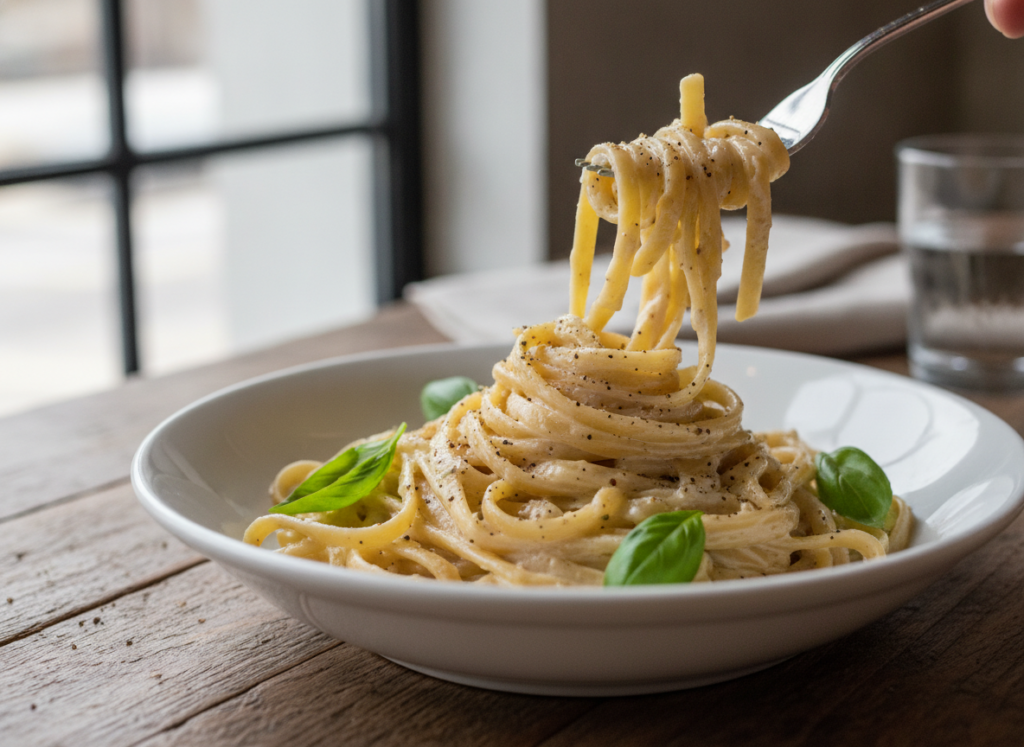 fettuccine pasta tossed in vegan alfredo sauce with fresh basil garnish fettuccine pasta tossed in vegan alfredo sauce with fresh basil garnish