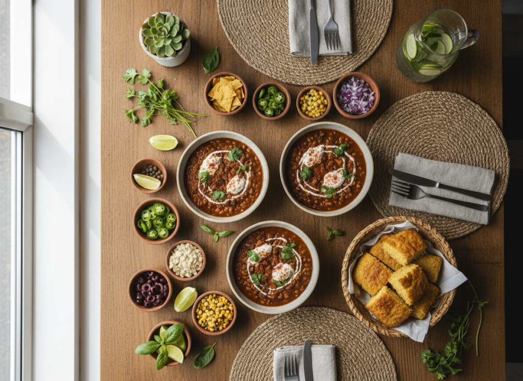 final presentation of vegan chili recipe in multiple serving bowls