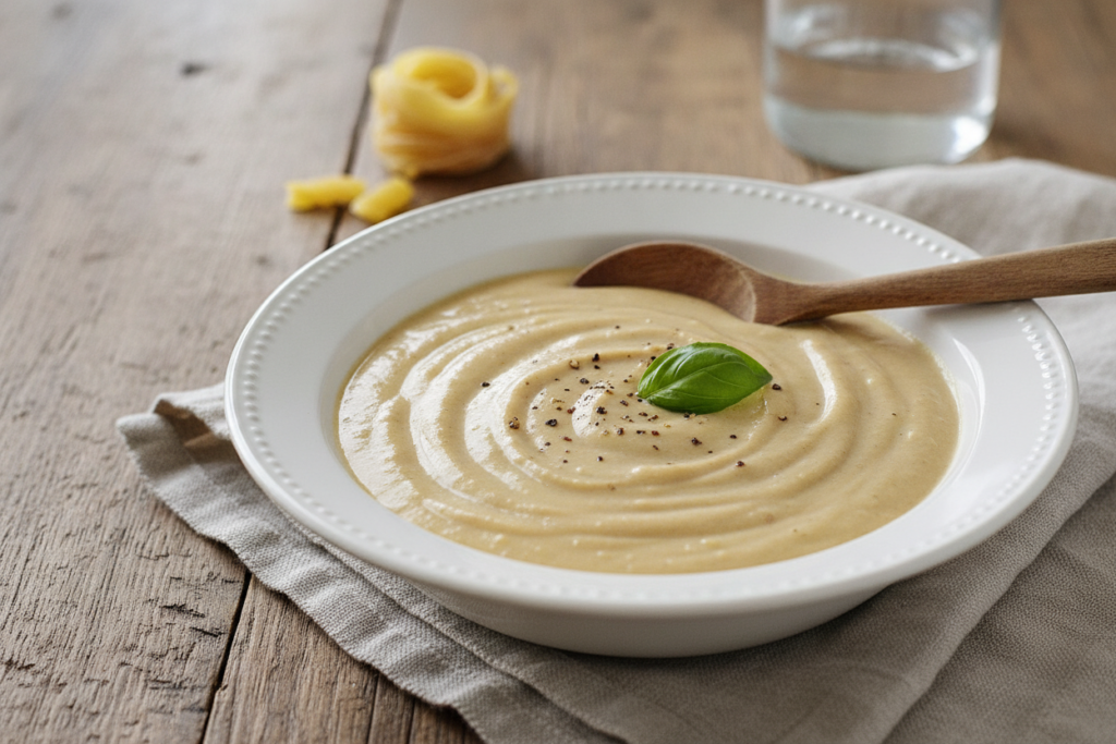 finished vegan alfredo sauce in bowl ready to serve over pasta finished vegan alfredo sauce in bowl ready to serve over pasta