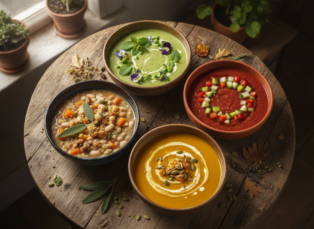 four bowls showing soups for different seasons