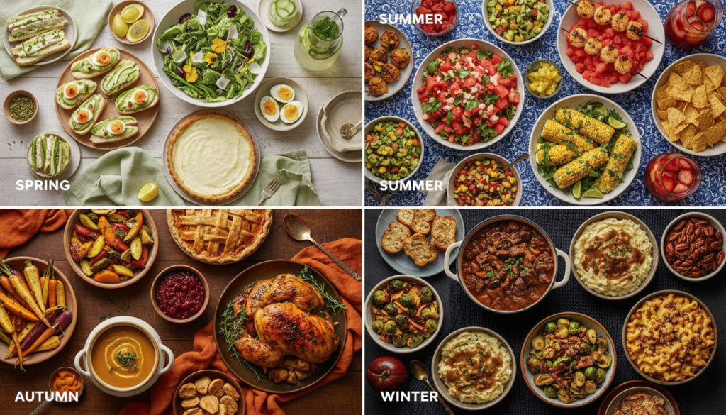 four sections showing seasonal party food for each season four sections showing seasonal party food for each season