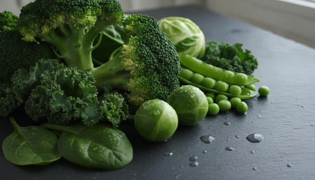 fresh green vegetables including broccoli, spinach, kale, and peas arranged together fresh green vegetables including broccoli, spinach, kale, and peas arranged together